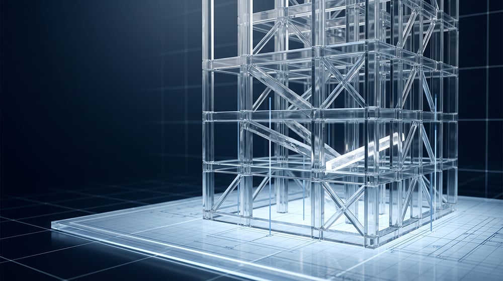 A crystalline architectural structure on a technical blueprint, with individual load-bearing elements marked as findings