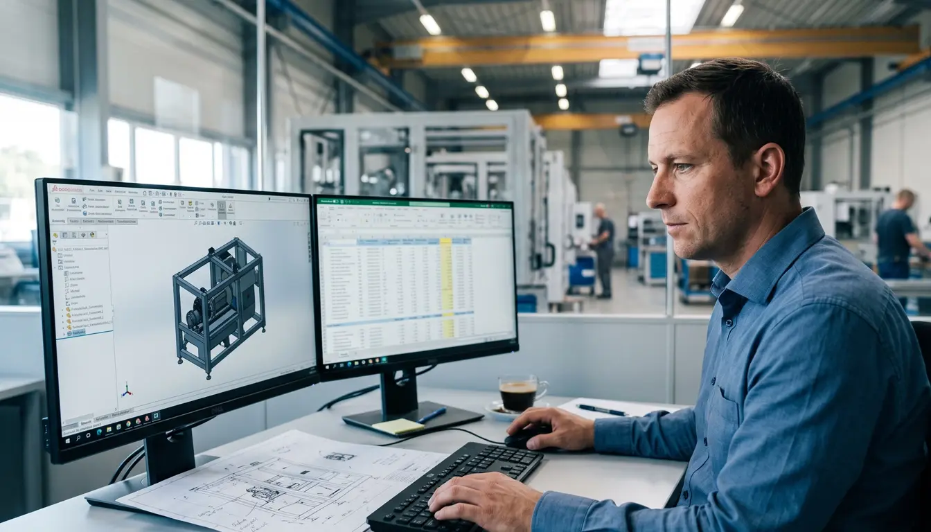 Technischer Vertrieb im Maschinenbau — Angebotskalkulation an zwei Bildschirmen mit CAD-Baugruppe und Kalkulationstabelle